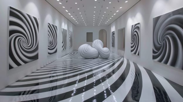 A room with a white and black floor that has some art on it