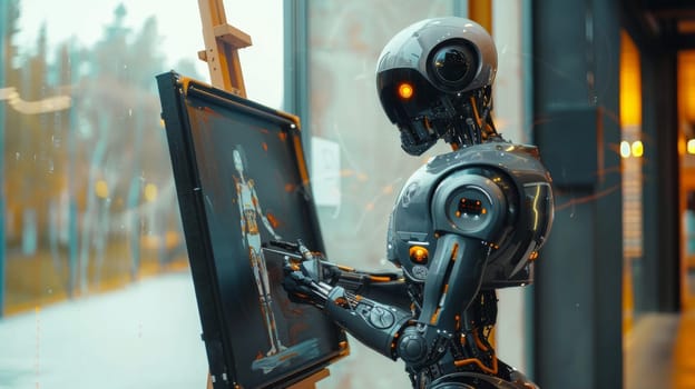 A robot holding a picture in front of an easel