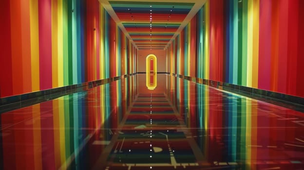 A long hallway with a mirror on the wall and rainbow stripes