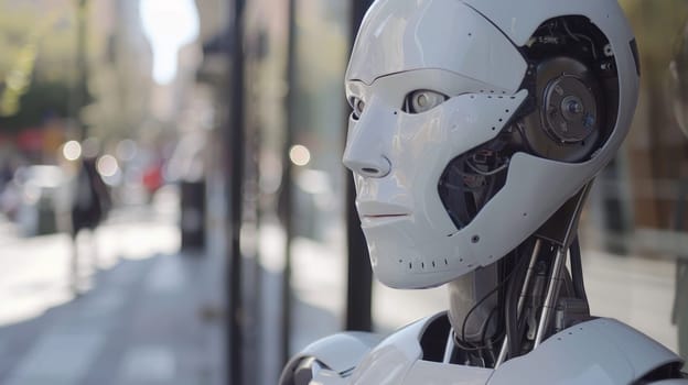 A robot with a headset on in front of buildings