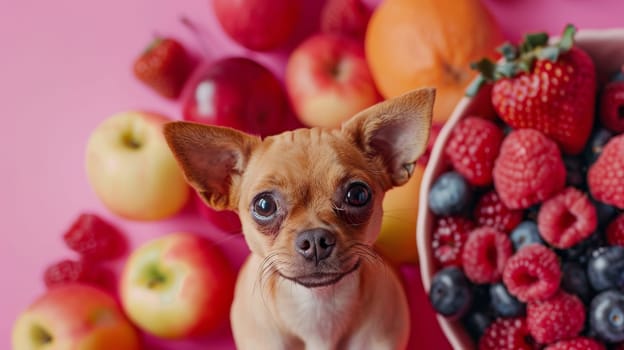 A small dog standing next to a bowl of fruit and berries