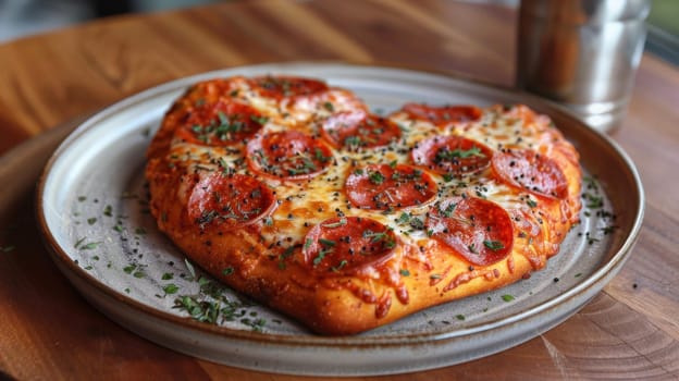 A heart shaped pizza on a plate with pepperoni and cheese