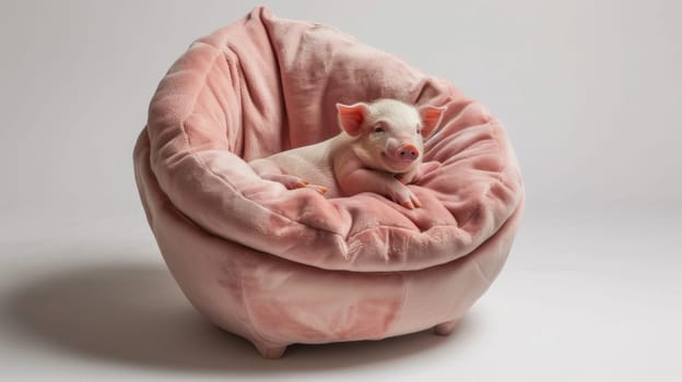 A small pig sitting in a pink chair on top of white