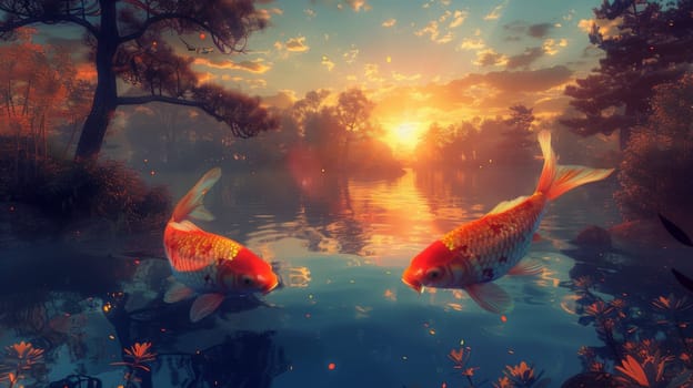 Two fish swimming in a pond at sunset with trees and sky behind them