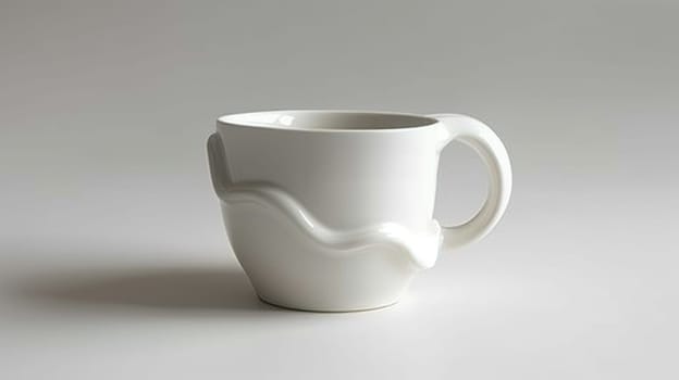 A white coffee cup with a curved handle on top of it