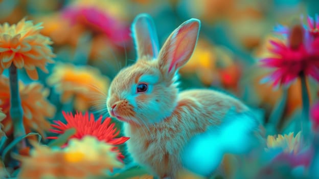 A small rabbit sitting in a field of flowers with bright colors
