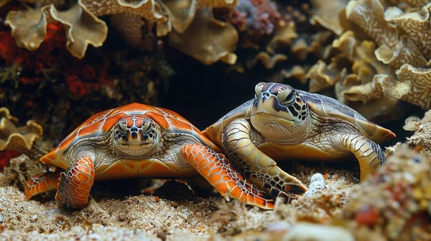 Two turtles are laying on the sand next to a coral reef