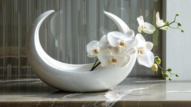 A white flowers are in a vase with an open crescent shape