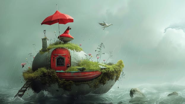 A house on a rock in the middle of water with an umbrella