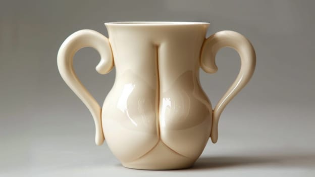 A white vase with a curved bottom and two large handles