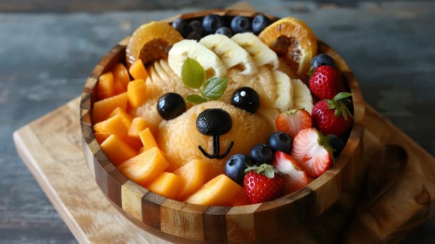 A bowl of fruit arranged in the shape of a bear's face
