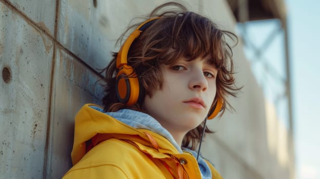 A young boy wearing headphones leaning against a wall