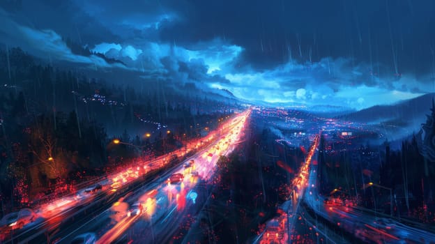 A painting of a city street with cars and lights at night