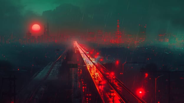 A city skyline with red lights and a train on the tracks