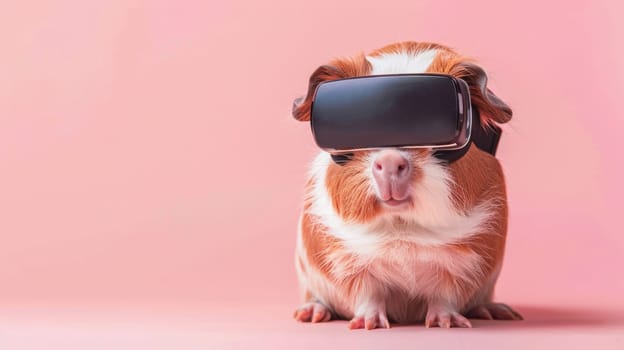 A guinea pig wearing a virtual reality headset on pink background