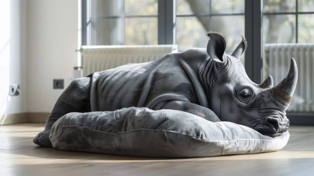 A rhino laying on a pillow in front of large windows