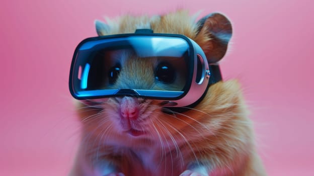 A hamster wearing a virtual reality headset on pink background