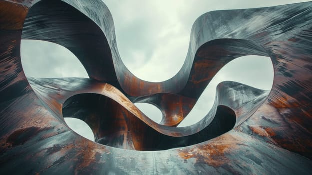 A sculpture made of metal with a cloudy sky in the background