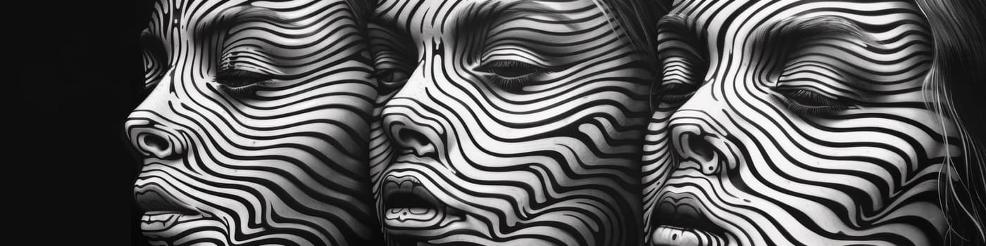 Three faces are made up of zebra stripes in black and white