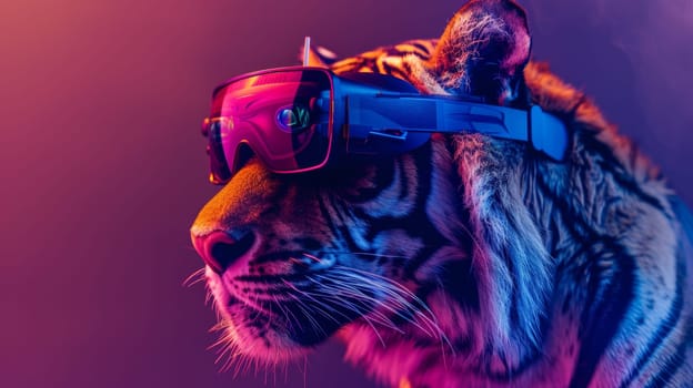 A tiger wearing goggles and a headband with purple background