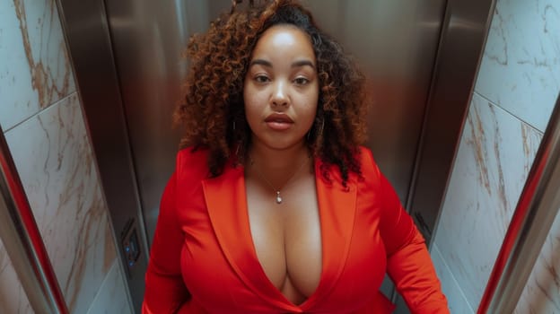 A woman in red dress standing on an elevator