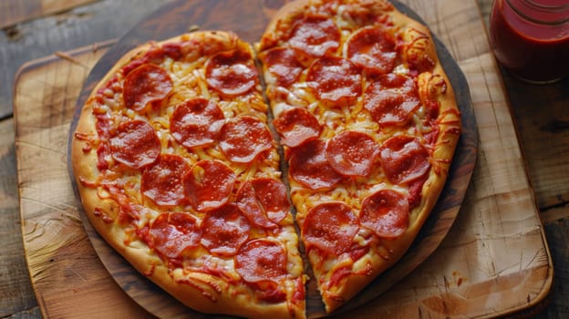 A heart shaped pizza with pepperoni and sauce on a wooden board