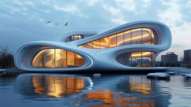 A futuristic house sitting on top of a body of water