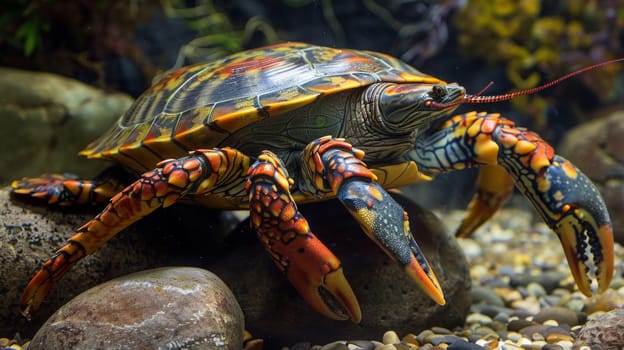A turtle with large claws and a long tail on rocks