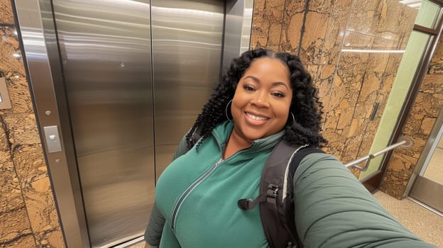 A woman taking a selfie in front of an elevator