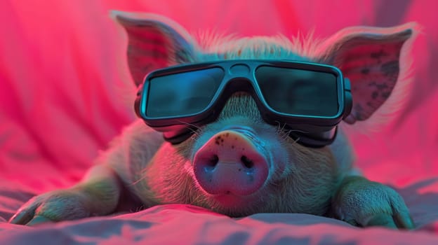 A pig wearing sunglasses laying on a bed with pink sheets