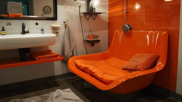 A bathroom with orange chair and sink in a modern setting