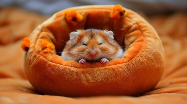 A small hamster is sitting in a little orange ball