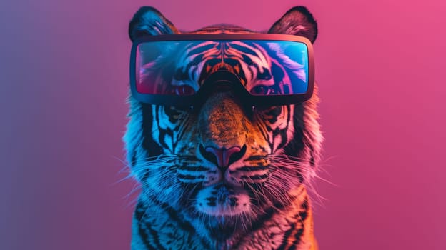 A tiger wearing sunglasses with a colorful background