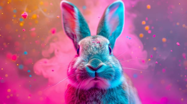 A close up of a rabbit with colorful dots in the background