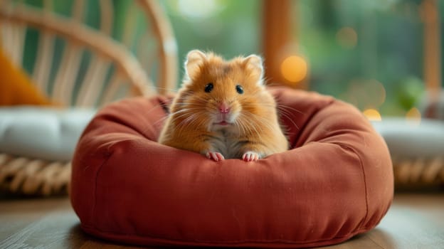 A small brown and white hamster sitting in a red bean bag