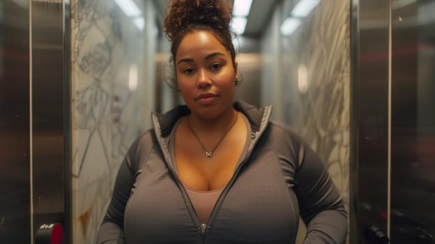 A woman with a big belly standing in an elevator