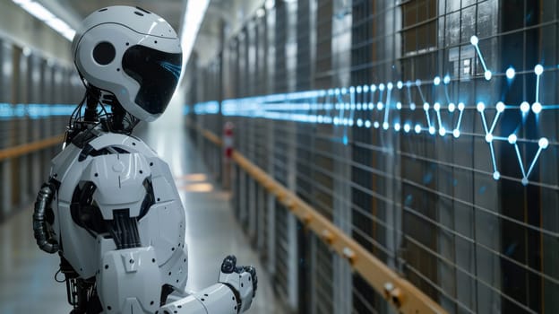 A robot is standing in a hallway with blue lines on the wall