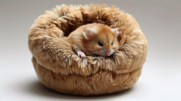 A small brown and white hamster sitting in a furry ball