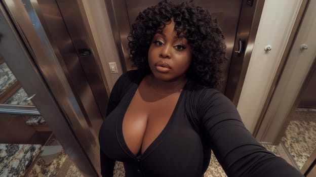 A woman with big breasts taking a selfie in an elevator