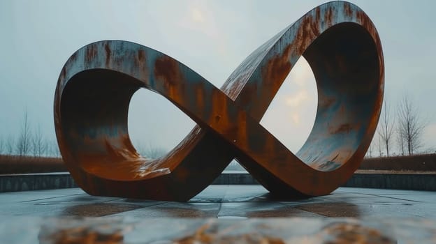 A large metal sculpture of an infinity symbol on a concrete surface