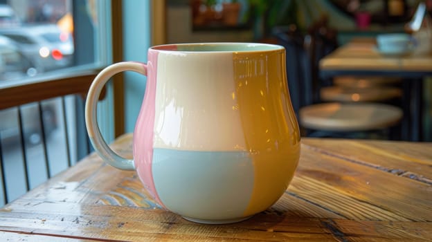 A coffee cup sitting on a wooden table in front of the window