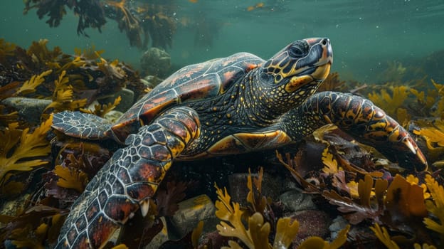 A turtle swimming in a sea of seaweed and plants