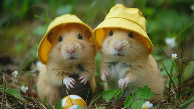 Two small rodents wearing hats and holding a ball