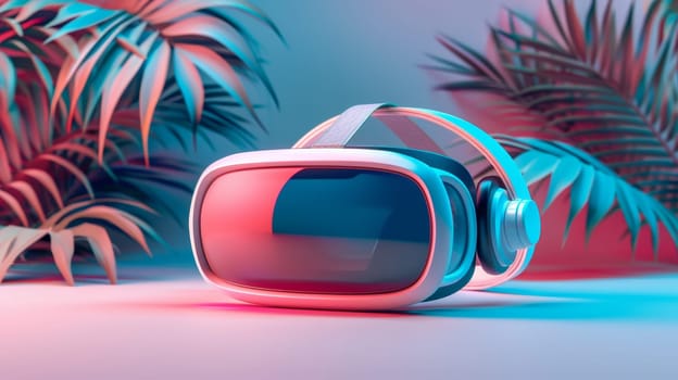 A virtual reality headset is sitting on top of a plant