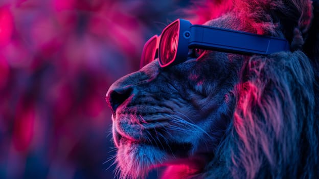 A lion wearing sunglasses and a red tie with blue background