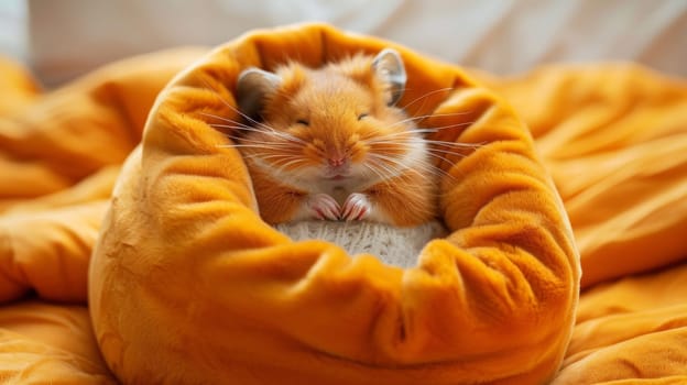A small hamster is curled up in a ball on an orange blanket