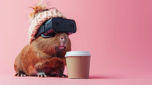 A guinea pig wearing a hat and drinking coffee