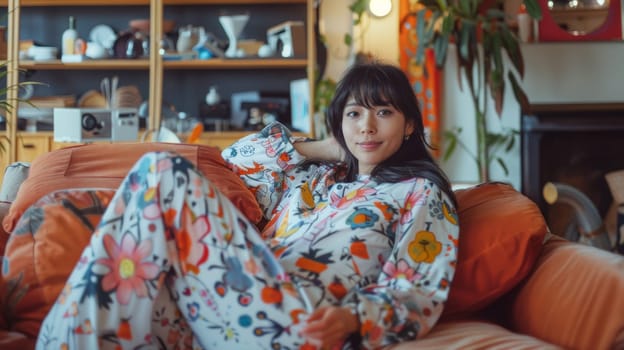 A woman in pajamas sitting on a couch with plants