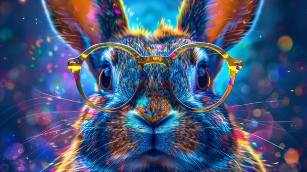 A close up of a rabbit wearing glasses with colorful background