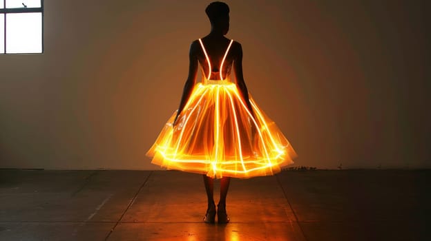 A woman in a dress with neon lights on her